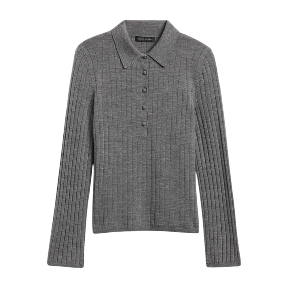 Banana Republic Ribbed Merino Wool Polo Sweater Women Small Gray Long Sleeve New